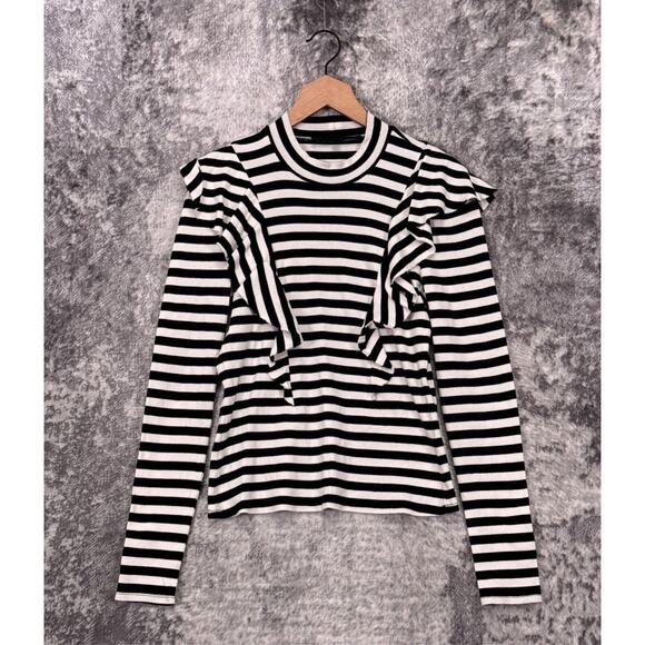 Veronica Beard Top Medium Womens Dawson Striped Long Sleeve Ruffle Ribbed - Picture 1 of 8